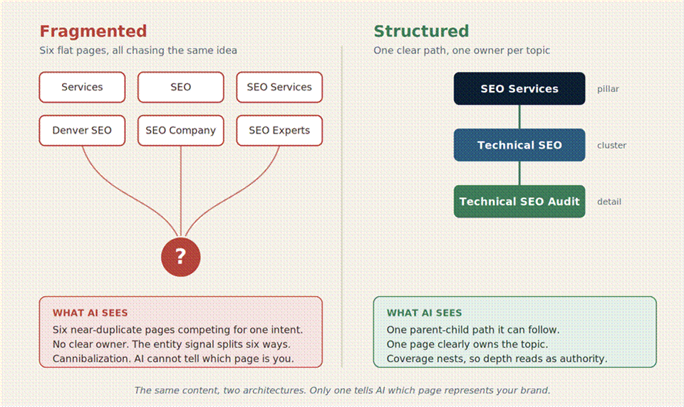 Figure 2. The same content as six competing pages versus one clear hierarchy, and what AI reads in each.